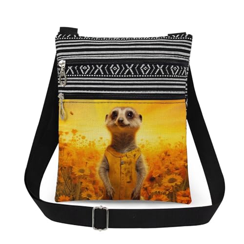 Meerkat Print Women Crossbody Bag Golden Floral Print Adjustable Shoulder Strap Messenger Bag for Adult Nature Lover Birthday Gift for Friend Sister Men