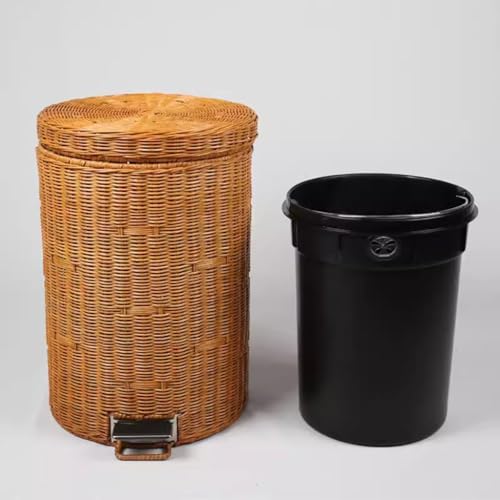 Cubo de basura redondo de mimbre con tapa de 8L y cubo plástico extraíble 6