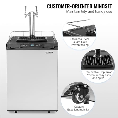 VEVOR Beer Kegerator, Dual Tap Draft Beer Dispenser, Full Size Keg Refrigerator With Shelf, CO2 Tank(No Gas), Drip Tray & Rail, 23°F- 82.4°F Temperature Control, 162L, Silver on Fridge.com