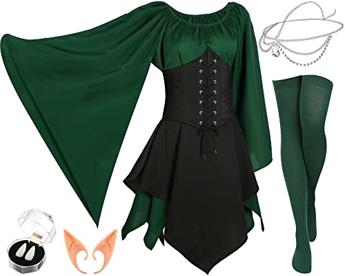 Jadive 5 Pcs Women Renaissance Medieval Dress Fairy Elf Traditional Irish Viking Costume Elf Ear For Halloween Cosplay Party (Green, Black, X-Large) #TOP1
