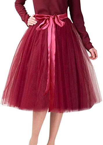 CahcyElilk Knee Length Tulle Skirt Midi Burgundy Tutu Tulle Prom Princess Party Dance Skirt with Belt Burgundy Large
