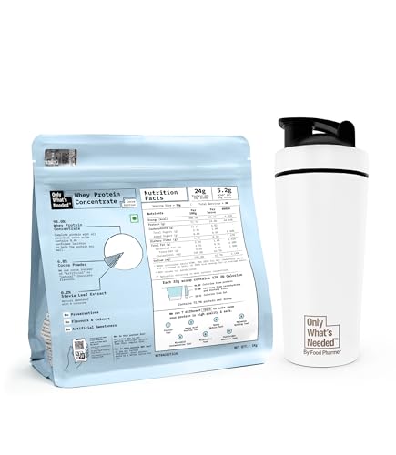 Image of ONLY WHAT'S NEEDED By Food Pharmer - Cocoa Edition | Whey Protein Concentrate 1kg | 24g per scoop + Metal Shaker 750ml | Stainless Steel | BPA-Free Cap