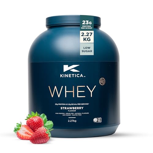 Kinetica Sports Whey Protein Powder - Strawberry Flavour |23g Protein/Serve, 76 Servings/2.27Kg Pack |Gluten Free Supplement |Optimum for Muscle Growth & Recovery |Mixes Well with Water, Milk & Shakes