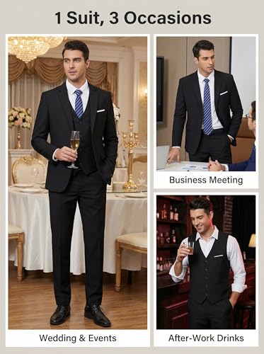 Image of Furuyal Men's Suits 3 Piece Slim Fit Suit Set,Two Button Wedding Business Tuxedo Solid Blazer Jacket Vest Pants with Tie