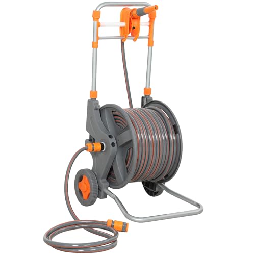 Outsunny Hose Reel Cart with Wheels 45+2m Garden Hose Reel with 2 Patterns Nozzle Faucet Adaptors and Rewind Handle Portable Waterpipe Reel for Outdoor Patio Watering and Cleaning Orange