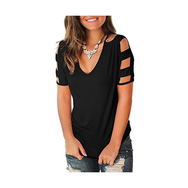 Jescakoo Women's T Shirts Solid Color Deep V Neck Tops Loose fit Blouses Black L