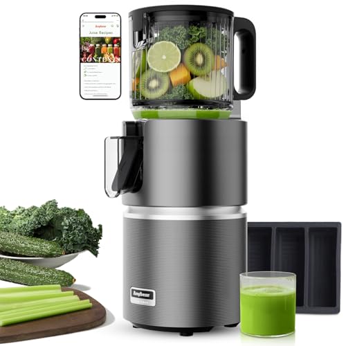 Anybear 350W Entsafter mit 124 mm Einfüllschacht Slow Juicer mit Doppel-Zerkleinerungstechnologie für Ganze Früchte & Gemüse | Hohe Saftausbeute | BPA-freies Tritan-Material (Grau)