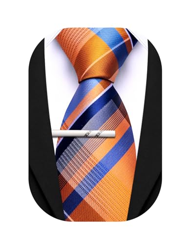 Image of Barry.Wang Plaid Ties Mens Silk Necktie and Tie Clip Checkered Tie for Wedding Party Business Formal