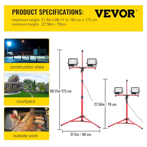 VEVOR LED Work Light with Stand, 2PCS 10000 Lumen Dual-head LED Work Light with 27.6"-68.1" Adjustable and Foldable Tripod Stand, IP65 Waterproofed LED Tripod Work Light, with 5000 K Color Temperature by VEVOR - Image 7
