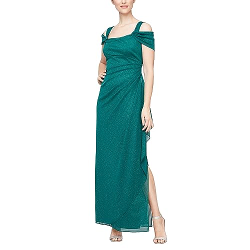Image of Alex Evenings Women's Long Cold Shoulder Dress, Mother of The Bride, Formal Events, Emerald Glitter, 4 Petite