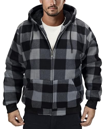 Men's Zip Up Fashion Hoodies Fleece Sherpa Lined Winter Warm Sweatshirt Plaid Flannel Hooded