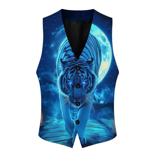 White Tiger Moon Starry Sky Men's Suit Vests Business Formal Dress Vest V-Neck Waistcoat for Wedding Casual4