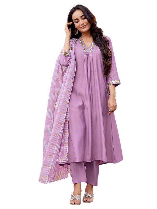 Royal ExportWomen's Viscose Yoke Design/Mirror Work Solid Flared Kurta Pant with Dupatta