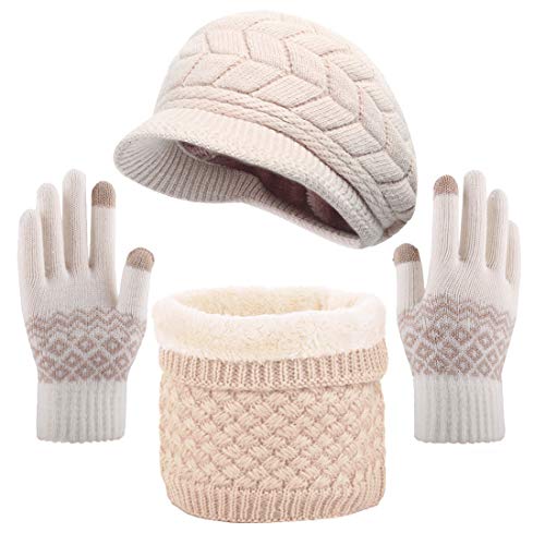 CheChury Sombrero de Boina de Punto de Invierno con Bufanda y Guantes Mujer Moda Calentar Sombreros Gorras de Punto Guantes Táctiles Suave Forrado Set de Bufanda Conjunto de Guantes,Beige,talla única