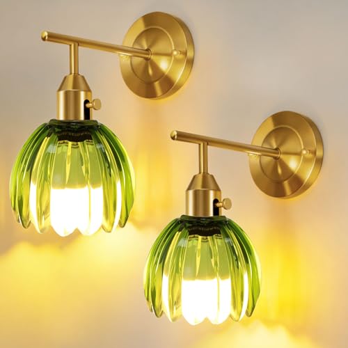 Image of Vintage Wall Sconces Set of 2 with Green Tulip Glass Lampshade, Hardwired and Wireless Wall Mounted Light Fixtures (2 Usage Methods), Gold Lamp with Switch for Bedside Bedroom Living Room Wall Decor