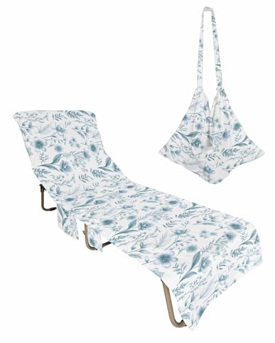 Elegant Teal Flowers Beach Lounge Chair Towel Cover, Soft Chaise Lounge Towel with Side Pockets Patio Pool Chairs Cover for Beach/Pool Sunbathing 29x85 Spring Floral Botanical Summer