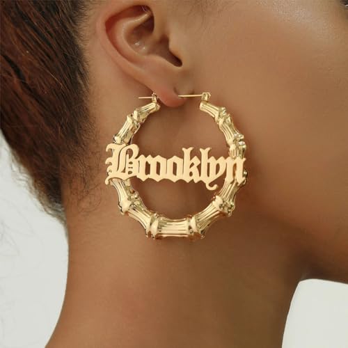 Custom Name Hoop Earrings, Personalized Bamboo Hoop Earrings, 18K Gold Plated Big Hoops, Custom Gifts for Mom, Grandma, Women2