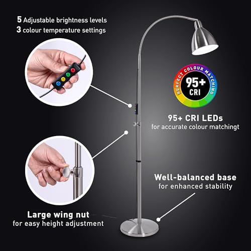 Daylight FlexiVision 2™ LED Floor Lamp – 3,500 Lux, 5 Brightness Levels, 3 Colour Temperatures, 95+ CRI, Flexible Arm & Multi-Swivel Head, Anti-Trip Cable, RNIB Collaboration – Brushed Steel - Image 5
