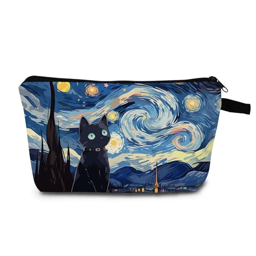 Starry Night Oil Painting Cat Makeup Bag for Women Travel Cosmetic Organizer Bag Teacher Appreciation Gifts Small Zipper Toiletry Bag - Main Image