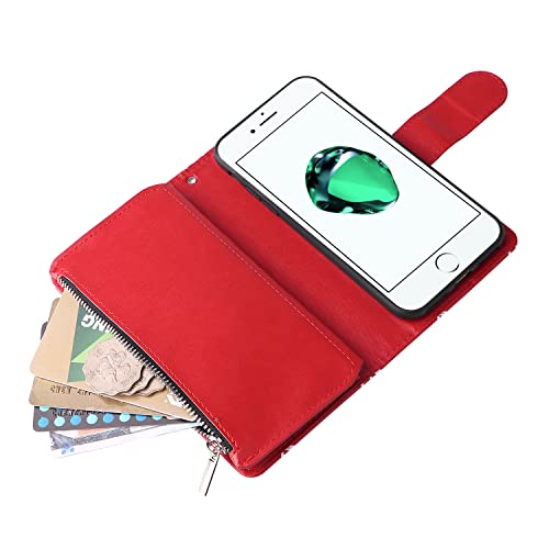 UEEBAI Flip Case for iPhone SE 2022 5G/7/8/SE 2020, Premium PU Leather Wallet Case with Magnetic Handbag Zipper Pocket, Card Slots, Wrist Strap - Red Heart