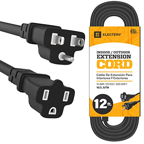 Black Extension Cord 12 Ft 16/3 SJTW 3 Prong Outdoor Extension Cord 10+ ft - 13 Amps 125V Power Cord - Flexible Waterproof Weather Resistant Grounded Plug - ETL Listed for Indoor and Outdoor Use