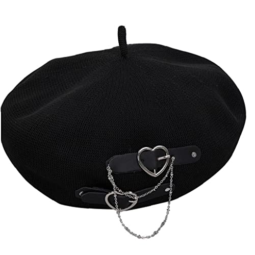 Froiny Lolita Beret Gothic Punk Jk Beanie Hat Black Breathable Harajuku Girls Beret Cap With Heart One Size #TOP2