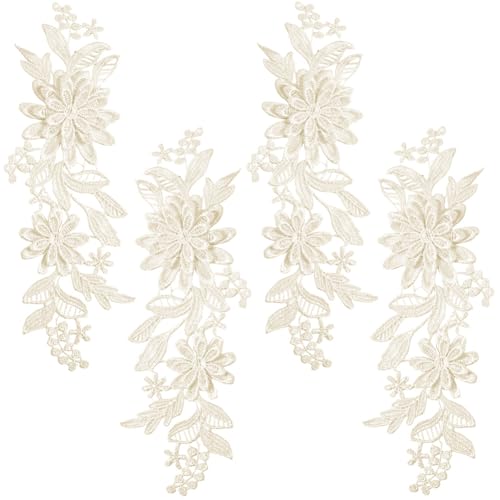 CABODYALS 2 Pairs 4Pcs Cream 3D Flowers Lace Sew On Applique for Dresses