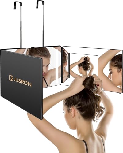 【後頭部も見える！】 三面鏡 JUSRON 卓上 セルフカット 3面鏡 女優ミラー 持ち運び 360°角度自在調整 高さ調節可能 折りたたみ可能 鏡 立体三面鏡 広い視野角 後頭部が見える 壁掛けミラー セルフカット 3ウェイミラー 安定して使い 誕生日 記念日 クリスマス プレゼント