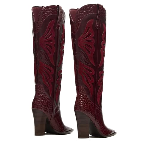 Butterfly Embroidery Womens Cowboy Boots Vintage Chunky Heel Wide Knee High Boots Pointed Toe Pull on Western Shoes4