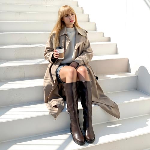 Image of KaroNairy Women Knee High Boots Faux Leather Long Boots Low Chunky Heel Square Toe Side Zipper Fall Tall Boots