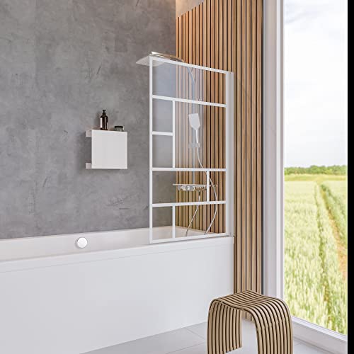 Schulte mampara ducha bañera 80 x 140 cm, color blanco opaco, 1 hoja abatible plegable 180° en la pared, montaje reversible izquierda derecha, espesor vidrio 5 mm Atelier, biombo de bañera