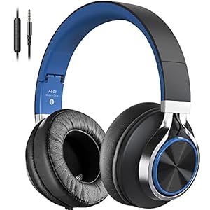 AC01 Over-Ear Headphones Wired, Noise Isolating Corded Stereo Headsets with Microphone Volume Control for Adults Teens 3.5mm for Chromebooks, Laptop, Computer, Tablets, Travel (Black Blue)