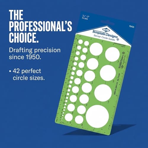 Image of Alvin, TD435, Senior Circle Guide Template, Drawing and Drafting Tool - 42 Circles, 5 x 8 x .030 Inches
