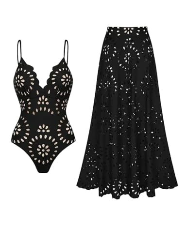 Vibecurve® Flower Hollow One Piece Swimsuit and Skirt Set Black Red Navy