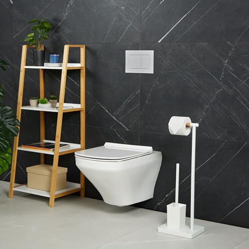 Image of Relaxdays WC Set, HxWxD: 66.5 x 23 x 18 cm, Free-Standing Toilet Roll & Brush Holder, Stainless Steel, White