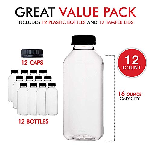 Empty Plastic Juice Bottles Bulk With Caps For Juicing & Smoothies, Reusable Clear , 16 Ounce Drink Containers For Mini Fridge, Juicer Shots, Small 16 Oz (12 Pack) #TOP1