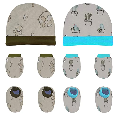 Image of Newborn Baby Cotton Cap, Mitten & Bootie's (Cap Set) 0-12 Months | Multicolour
