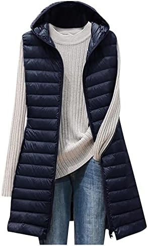 Puffer Jacket Womens Winter Long Sleeveless Quilted Vest Coat Casual Zip Up Outdoor Warm Jacket Open Front Hoodie Tops Plus Size Lightweight Outerwear Fashion Fall Clothes(A Navy,Medium)