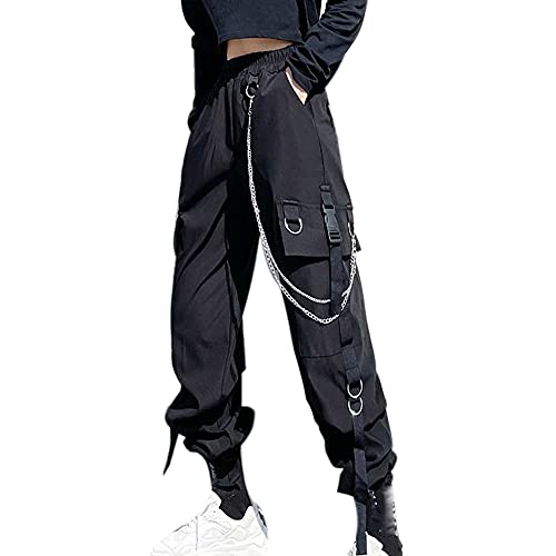 MEINVQIAOTI Black Cargo Pants for Women Hip-hop Street Loose High Waist Punk Chained Pants