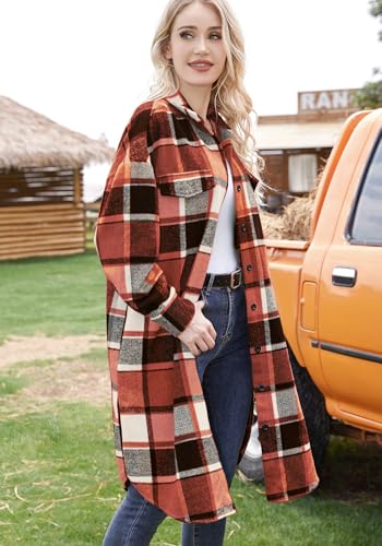 Women's 2024 Plaid Shacket Jacket Casual Button Wool Blend Long Tartan Trench Coat with Pockets Fall Winter3