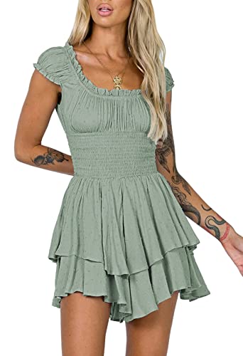 Pink Queen Damen Bandeau Boho Jumpsuits Kurze Ärmel Sommer Minikleid Schweizer Punkt Schulterfrei Strampler Schön Grün S