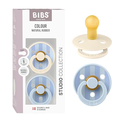 Image of BIBS Pacifiers - Studio 2 Pack | Round Nipple Baby Pacifier | BPA Free Natural Rubber Latex Soother | Made in Denmark | Size 0+ Months | Block Baby Blue Dusty Blue