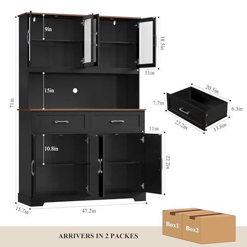 71" Tall Kitchen Pantry Cabinet, Kitchen Hutch with Microwave Stand, Glass Doors, Food Pantry Cabinet with Doors and Shelves for Dining Room, Black