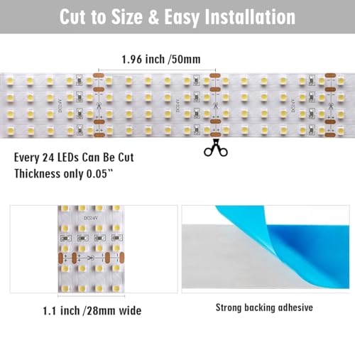 Quad Row Flexible LED Strip Lights, High CRI 95 DC24V 3528SMD 480LEDs/m 2,880Lumens/m- Super Bright LED Tape Lights for Photographic Lighting (Daylight White 6500K 3.28Ft/1M Non-Waterproof)