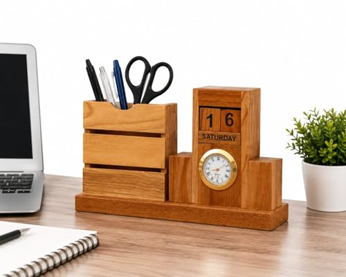 Image of Wooden Desk Organizer with Perpetual Calendar & Analog Clock | Multi-Utility Pen Holder | 20x10x6.5 cm | Natural Wood Finish | Office, Study & Home Decor | Corporate Gift