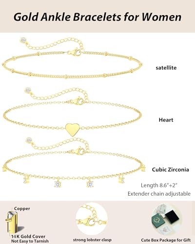 Image of ZHESHY Gold Silver Ankle Bracelets for Women 14K Gold Plated Anklets for Women Waterproof Cuban Link Heart Chain Anklets Set Non Tarnish Dainty Layered Anklet Bracelets for Women Summer Beach Jewelry
