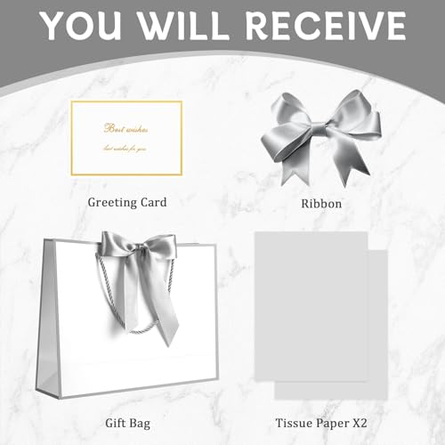 Image of JMANNI Gift Bags with Handles, 13 inch Medium Gift Bag for Presents, 1 Pcs Bags with 2 Tissue Paper and 1 Cards for Baby Shower Wedding Bridal Shower Mother's Day Birthday Party (Silver)