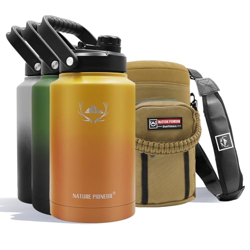 NATURE PIONEOR Insulated Water Bottles with Strap - 128 oz Stainless Steel Vacuum Water Bottle with Holder/Carrier/Sleeve - Reusable 18/8 Food Grade Thermos Water Jug