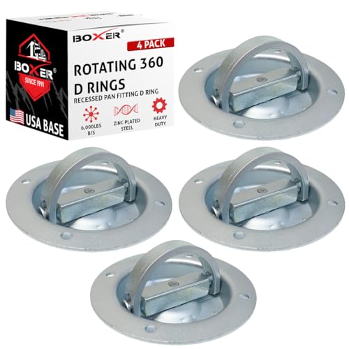 Boxer 4 Pack Extra Large Rotating Recessed-Pan Fitting with D-Ring, Swivels 360 Degrees - D-Ring Tie Down Anchor Point - Heavy Duty 6,000 LBS Zinc Plated