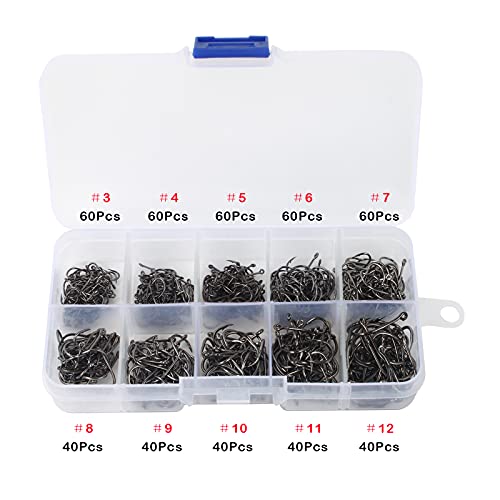 Vipmoon 500 Pcs Premium Fishing Hooks, 10 Sizes(3#-12#) High-Carbon Steel Fish Hooks W/Portable Plastic Box, Strong Sharp Small Fish Hooks With Barbs For Freshwater/Seawater, Black #TOP6